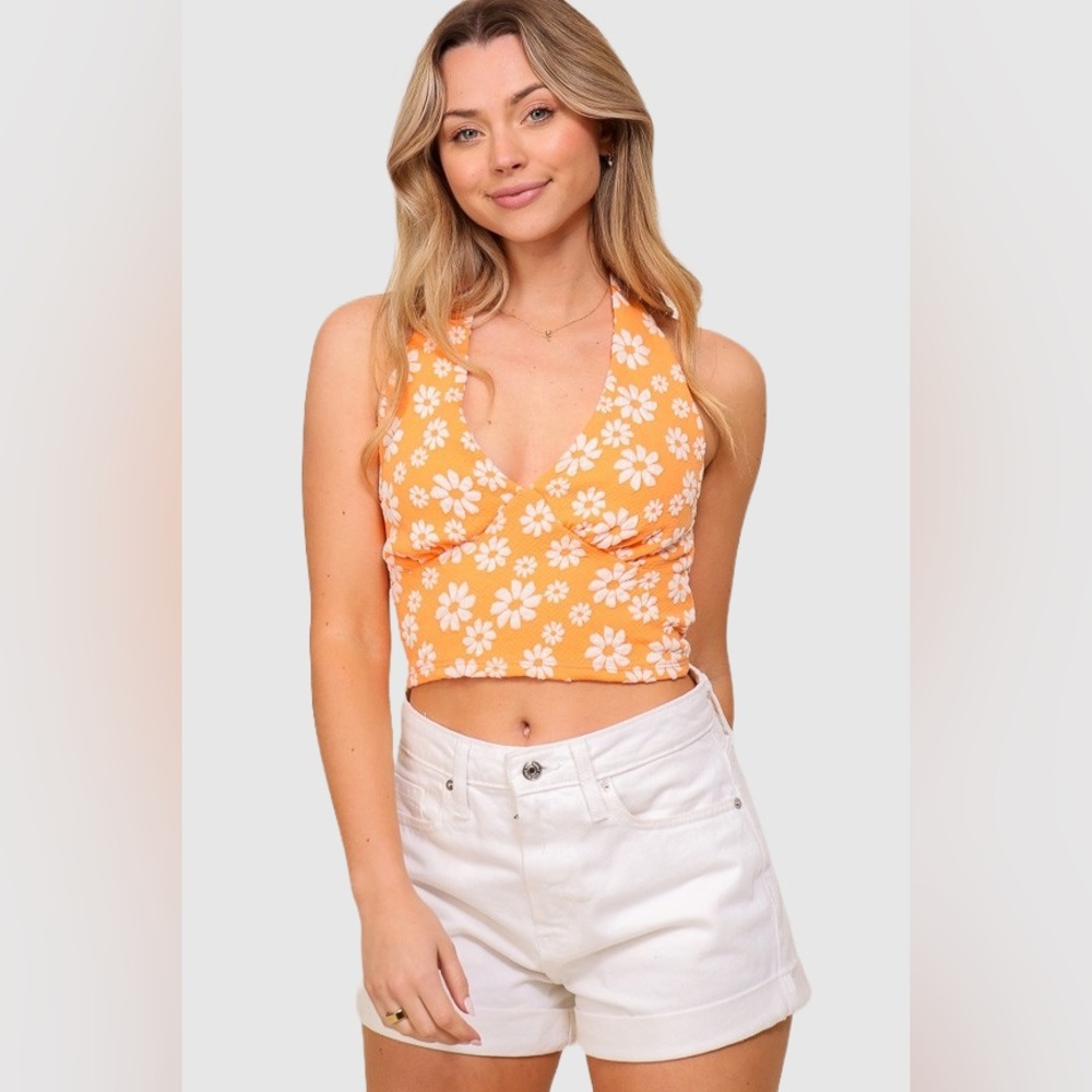 Daisy Print Open Back Halter Cropped Tank - Orange